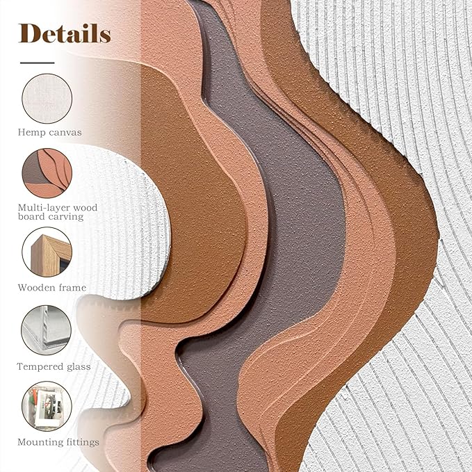 BrightA 5-Layer Wood ReliefWooden Wall Art Fluid Curves in Warm Brown & Ash Grey with Linear Grain Background, Framed in Solid Wood & Tempered Glass for Contemporary Walls 27.5"x39.4"