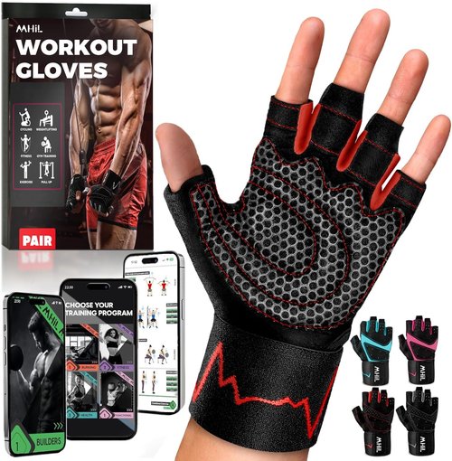 MhIL Workout Gloves for Men - Enhanced Grip Gym Gloves with Wrist Wraps for Optimal Performance