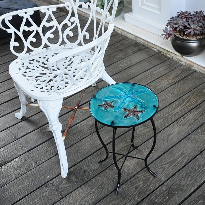 Patio Side Table - Outdoor Decorative Bistro Coffee Table, Glass End Table for Porch, Indoor Round Accent Table, Balcony Plant Rack