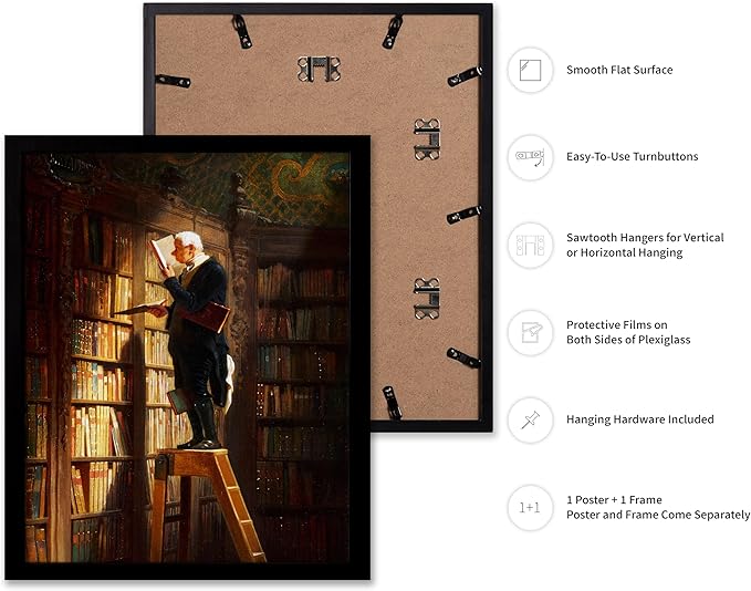 Poster Master Vintage The Bookworm Print - Retro Reading Book Print - Book Lover Art - Library Painting Wall Design - Librarian Art - Great Living Room or Office Wall Decor - 8x10 Black Framed