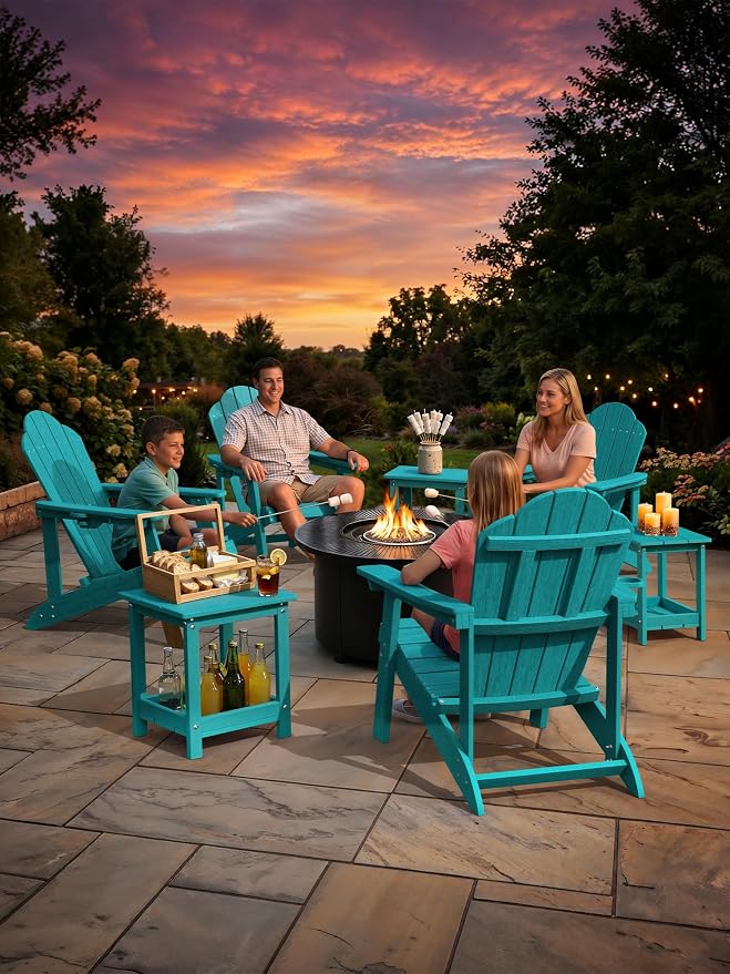 LUE BONA Outdoor Side Table, 2-Tier HDPE Small Outdoor End Table with Rail for Patio, Deck, Poolside, Low Maintenance & Weather Resistant, Aruba Blue