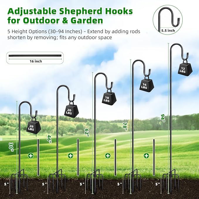 94" Heavy Duty Shepherds Hooks for Outdoor, Bird Feeder Pole with 5 Prong Base, Adjustable Height Shepherds Hook for Hummingbird Feeder, Bird Feeder, Plant, Wind Chimes,Lanterns,Wedding Decor (1 Pack)