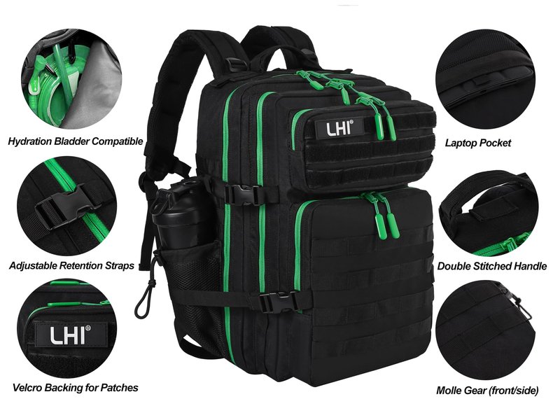 LHI Military Tactical Backpack for Men and Women 45L Army 3 Days Assault Pack Bag Large Rucksack with Molle System - Black with green zipper