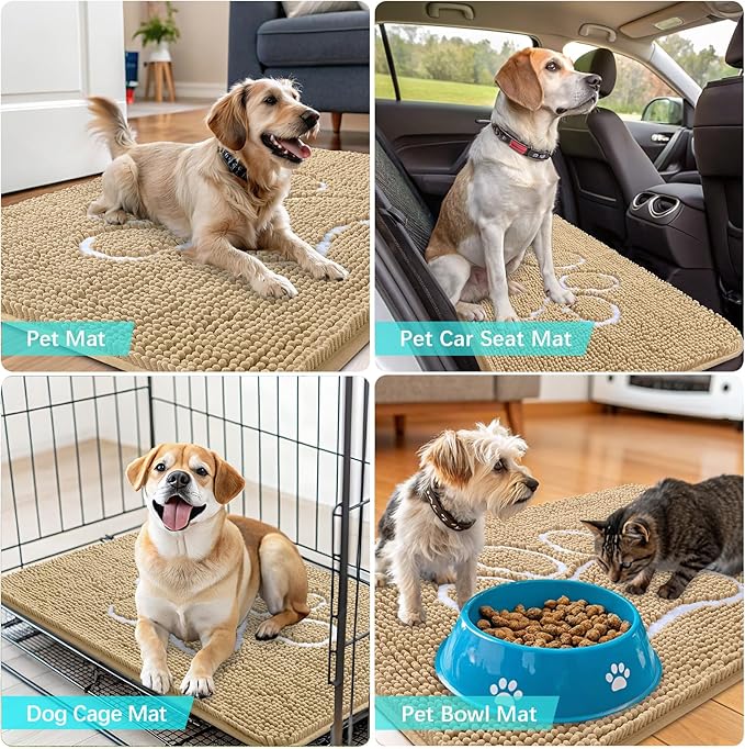 OLANLY Dog Door Mat for Muddy Paws 40x32, Paw Print Design, Absorbs Moisture and Dirt, Absorbent Non-Slip Washable Doormat, Quick Dry Chenille Mud Mat for Dogs, Entry Indoor Entryway Carpet, Beige
