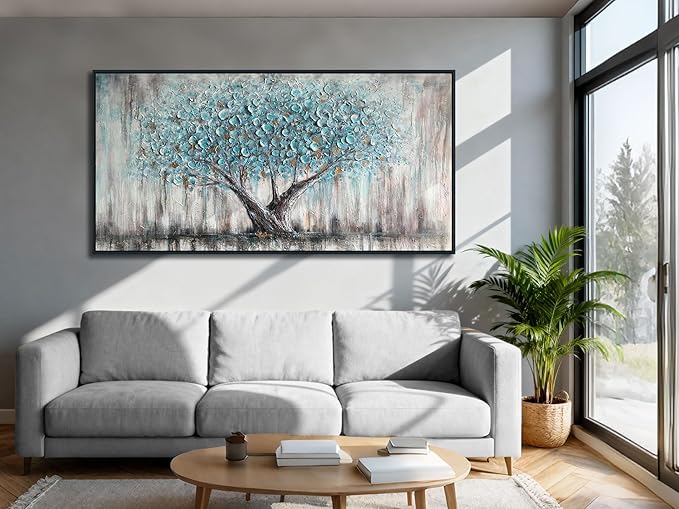 Arjun Framed Blue Tree Canvas Wall Art for Living Room Tree of Life Abstract Bedroom Textured Painting, Nature Picture Panoramic Landscape Artwork Home Office Decor, Black Wood Large 48"x24"