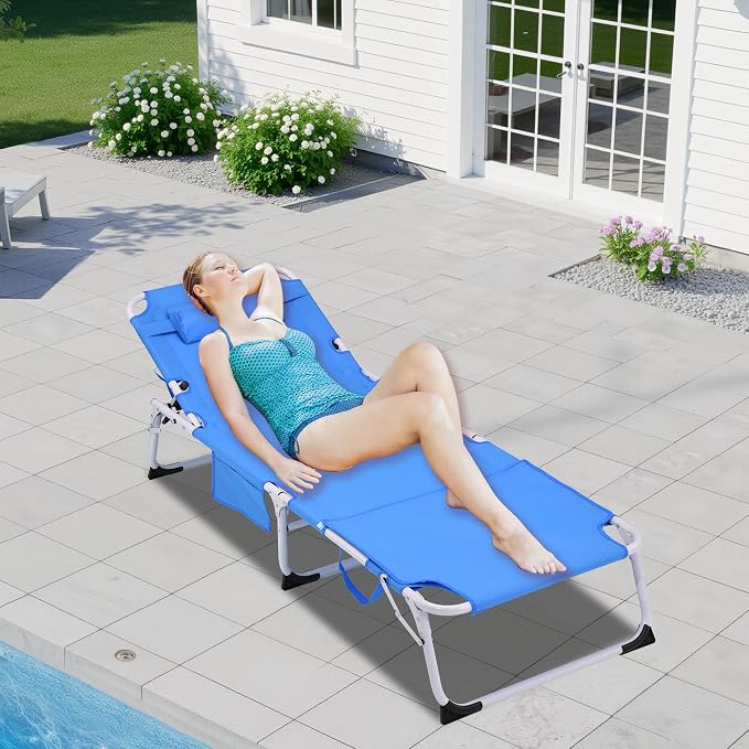 3-in-1 Oversized Sun Tanning Chair with Mat & Face Hole, Heavy Duty Folding Chaise Lounge - 5-Position Adjustable Outdoor Chair for Beach, Pool, Patio, Lawn, Yard - Includes Pillow