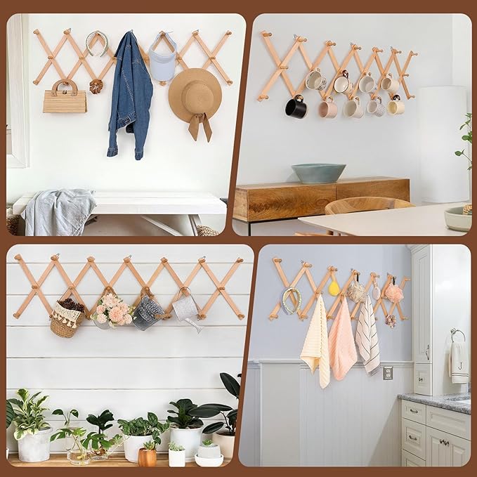 SCUNDA Wall Rack with 20 Hooks, Wooden Wall Expandable Coat Rack