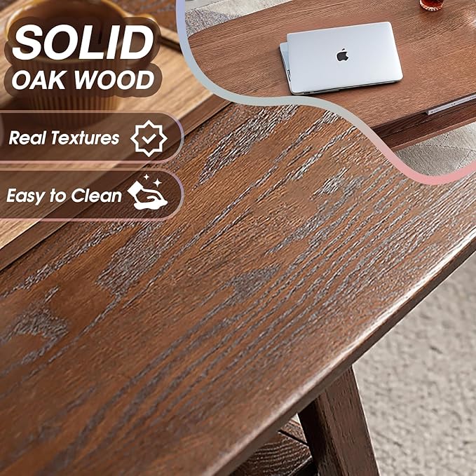 100% Solid Oak Coffee Table with Storage Shelf, 2-Tier Wooden Center Table for Living Room, Farmhouse Rustic Rectangle Table, Easy Assembly,31.49 Inch