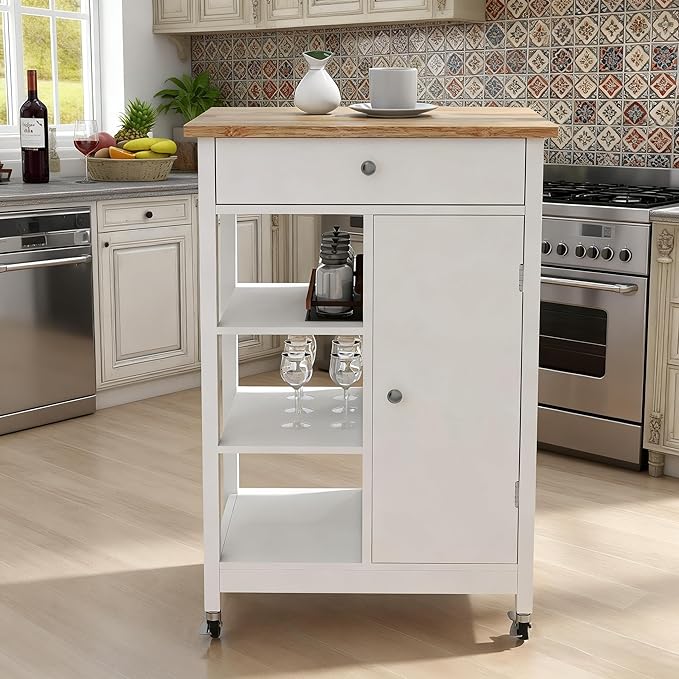 Casaphoria Kitchen Island Cart on Wheels, Rolling Kitchen Trolley with Storage Cabinet and Drawer, Solid Rubber Wood Top Prep Table, Small Mobile Coffee Bar Station with Adjustable Shelves, White