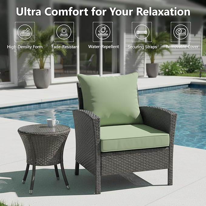 24x24 Inch Outdoor Chair Cushion with Removable Cover, Patio Furniture Cushion - Water-Repellent, Fade-Resistant, Non-Slip Bottom & Straps, Replacement for Deep Seat Sofa & Couch - Sage Green