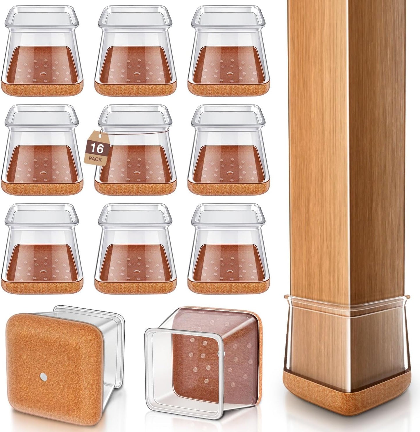 Chair Leg Floor Protectors Chair Leg Protectors for Hardwood Floors Silicone Caps Felt Strengthen Bottom Protection Anti-Scratch Reduce Noise 16 Pack Clear Square Fit:1-1/8" to 1-9/16" (27-40mm)