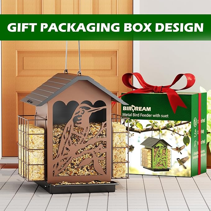 Birdream Bird Feeders for Outdoors, 5 Lbs Metal Bird Feeder with Double Suet Cages, 2 in 1 Mixed Seeds Suet Feeder, Large Capacity & Weatherproof Metal Roof, Attract Cardinals Wildbird Woodpecker