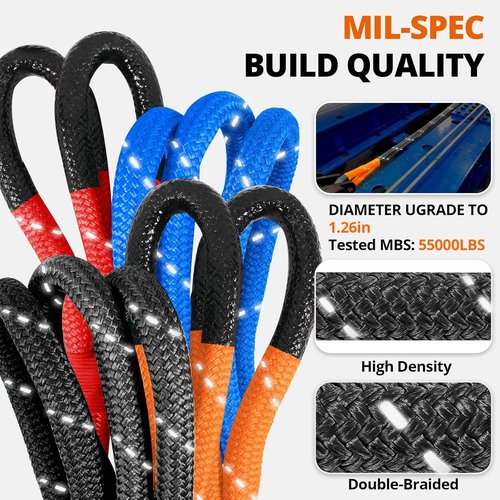 Kinetic Recovery Tow Rope - Heavy Duty 30FT Snatch Strap Kit with Soft Shackles | 55000LBS Capacity - Black