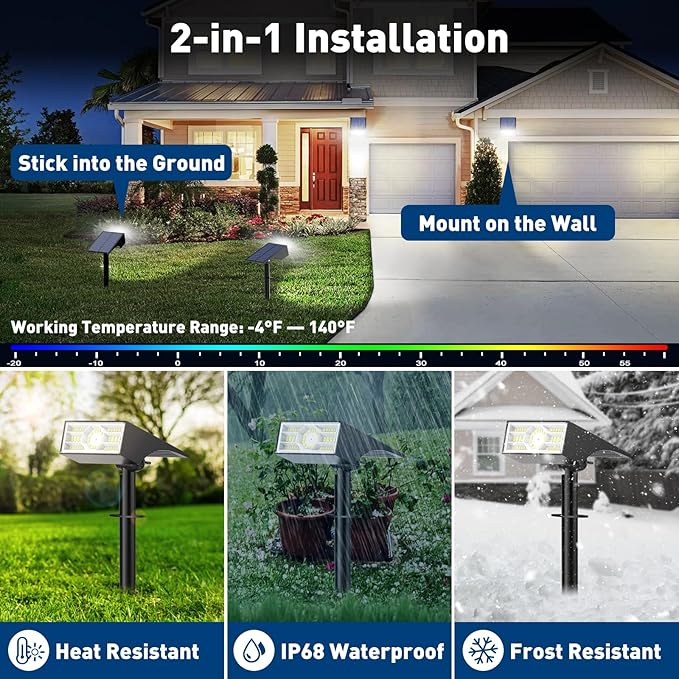 Solar Spot Lights Outdoor, 2 Pack Outdoor Solar Lights for Yard Waterproof, 4 Lighting Modes Solar Landscape Spotlights, Auto On/Off Solar Powered Flood Lights Garden Pathway (Cool White)