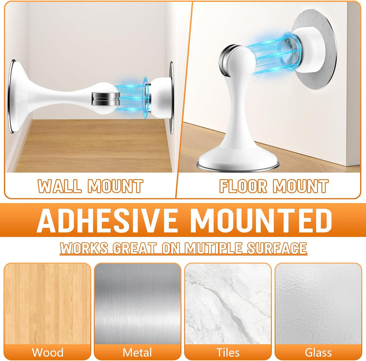 Crosize Magnetic Door Stoppers 2 Pack, Stainless Steel Door Catch for Wall and Floor Mounting, Door Holder Keep Door Open, No Drilling Door Stop with Adhesive Tapes, White