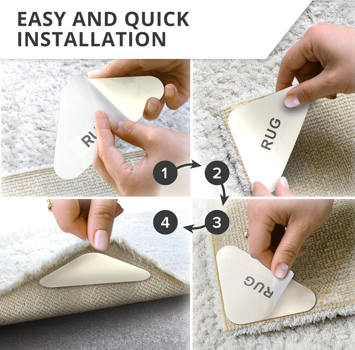 X-Protector Rug Tape for Carpet - 12 Pcs Set - White Anti-Slip & Anti-Curling Carpet Tape for Rugs - Premium Rug Pad Gripper - Ideal Carpet Corner Grippers to Keep Your Rugs & Make Corners Flat