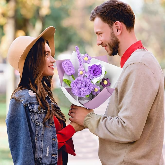 Crochet Flower Bouquet, Crochet Flowers Purple Tulip Rose Handmade Knitted Bouquet for Birthday Graduation Wedding Gift for Women Girlfriend Lover Wife Decor (Purple)