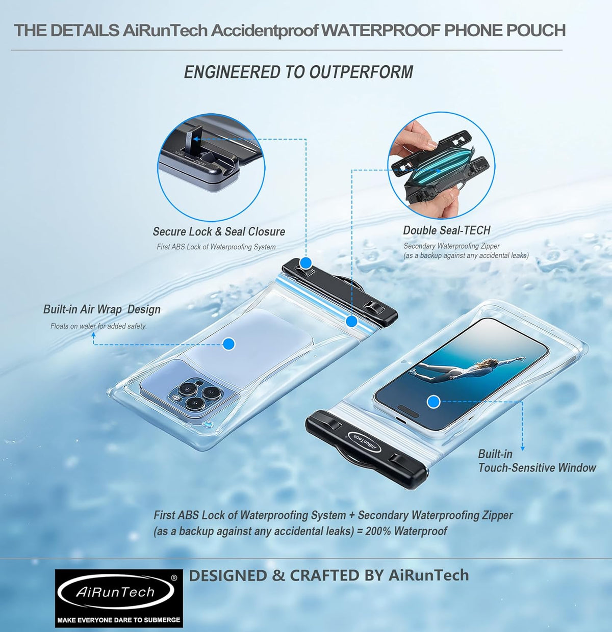 AiRunTech Waterproof Fanny Pack - IPX8 Dry Bag with Phone Pouch for iPhone 16/15/14/13/12/11 Pro Max | Perfect for Snorkeling, Beach, and Swimming