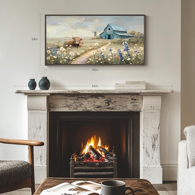 Framed Large Barn Farmhouse Canvas Wall Art for Living Room, Highland Cow Windmill Wildflower Pictures Wall Art Decor for Bedroom Vintage Landscape Floral Painting Artwork Prints for Living Room 24x48