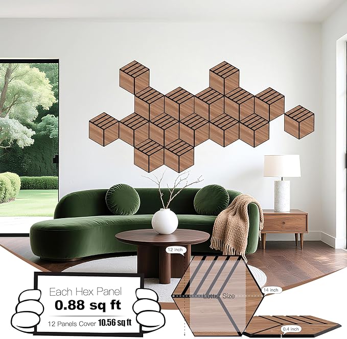 Mollywell Acoustic Panels, PVC Wood-Grain, 14x12 Inch Hexagon Carved Sound