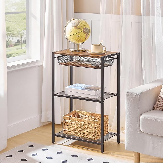 HOOBRO 28.7 Inch Tall Side Table, 3-Tier Industrial Telephone End Table with Adjustable Metal Mesh Basket, Desk Side Table with Storage Shelves, for Living Room, Bedroom, Rustic Brown BF06DH01