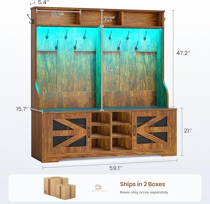 Itaar Hall Tree with Bench and Shoe Storage, 5-in-1 Entryway Bench with Coat Rack, 16 Shoe Cubbies & 12 Coat Hooks, Barn Door & Adjustable Shelf (Rustic Brown)