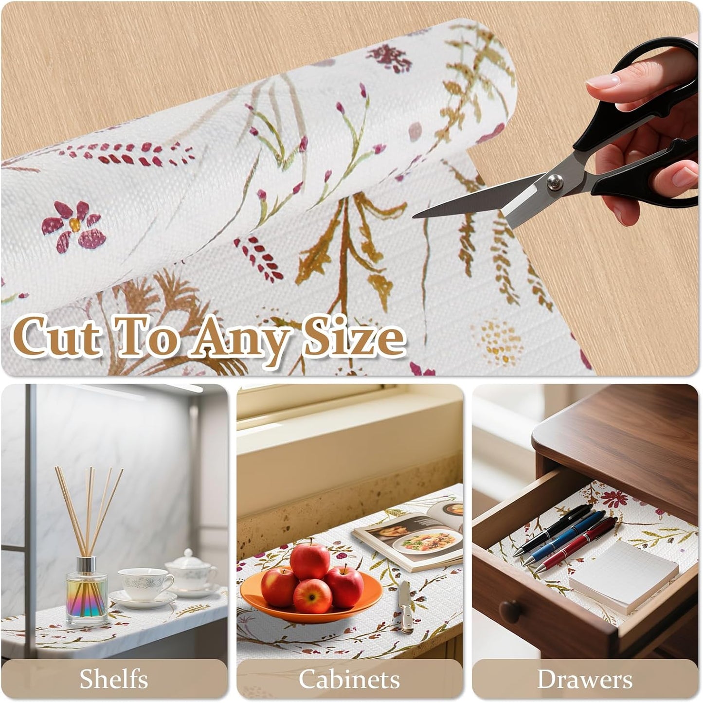 FINNEZ Shelf and Drawer Liner 17in x 20FT with Cutting Tool, Non Slip Non Adhesive Drawer Liners for Kitchen Cabinets, Waterproof Floral Cabinet Liner for Shelves, Refrigerator