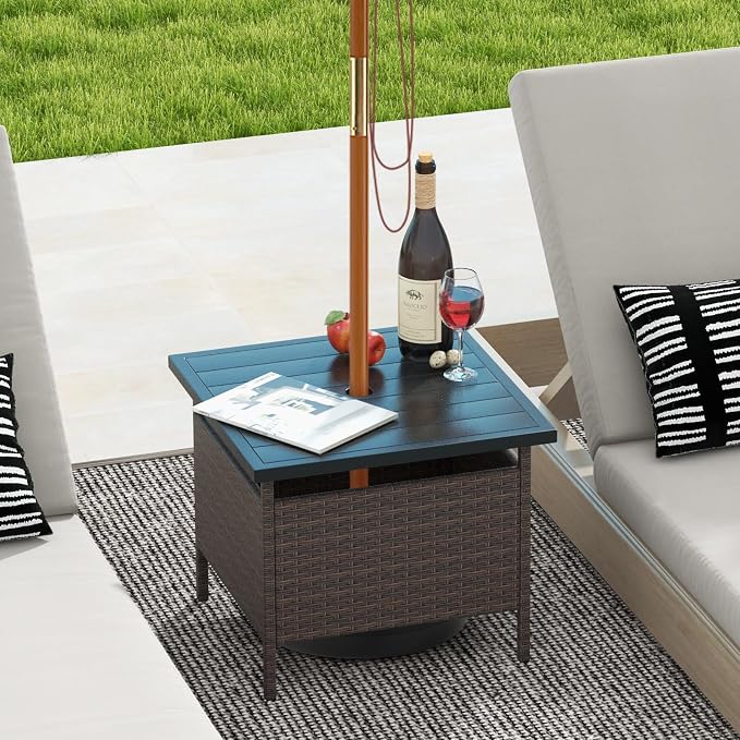 Giantex Umbrella Table, Outdoor Side Table with 2" Umbrella Hole, Rattan Umbrella Stand Holder, Heavy Duty Metal Frame, Patio Bistro Table for Deck Garden Poolside, Mix Brown (HDPE Tabletop)