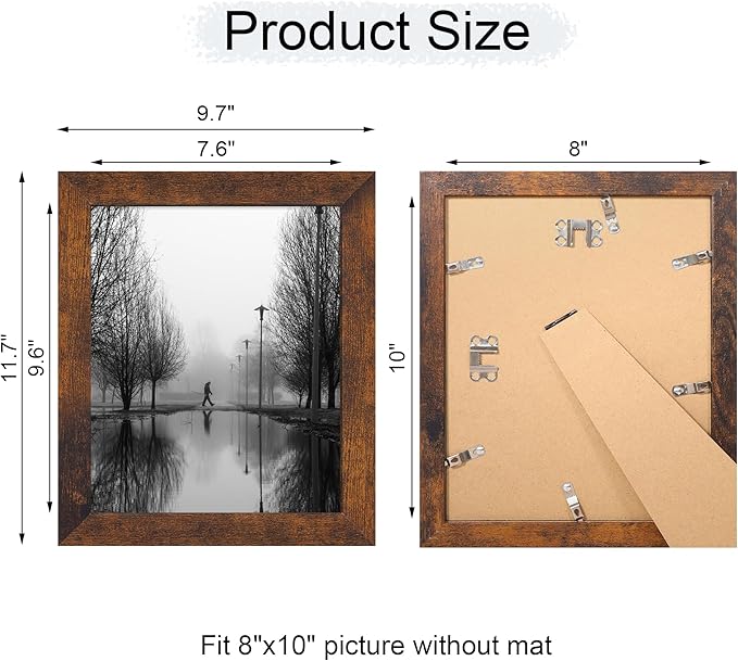 8x10 Picture Frame Set of 4, High Definition Glass 8 x 10 Frame, Wood Rustic Photo Frames for Horizontal or Vertical Display Tabletop and Wall Mounting, Dark Brown