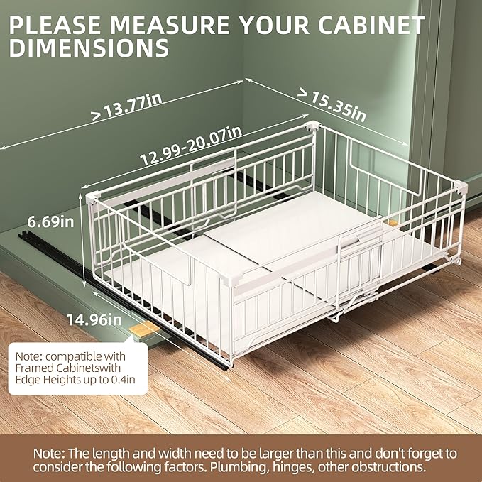 NETEL 2 Pack Expandable Pull Out Cabinet Organizer, Raised 6.69" guardrail, Adjustable Width 13"-20.07", 3 Rails No Drill Adhesive Peel And Stick, Adhesive Pull Out Drawers for Cabinets, White