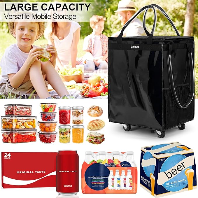 (Large,Black) Reusable Grocery Bag on Wheels, Foldable Rolling Tote, Carries Up to 76 lbs Shopping Trolley, Zipper Clouser Shopping Carts for Trips, Laundry, 5 Heavy Duty Wheels and 3 Handles