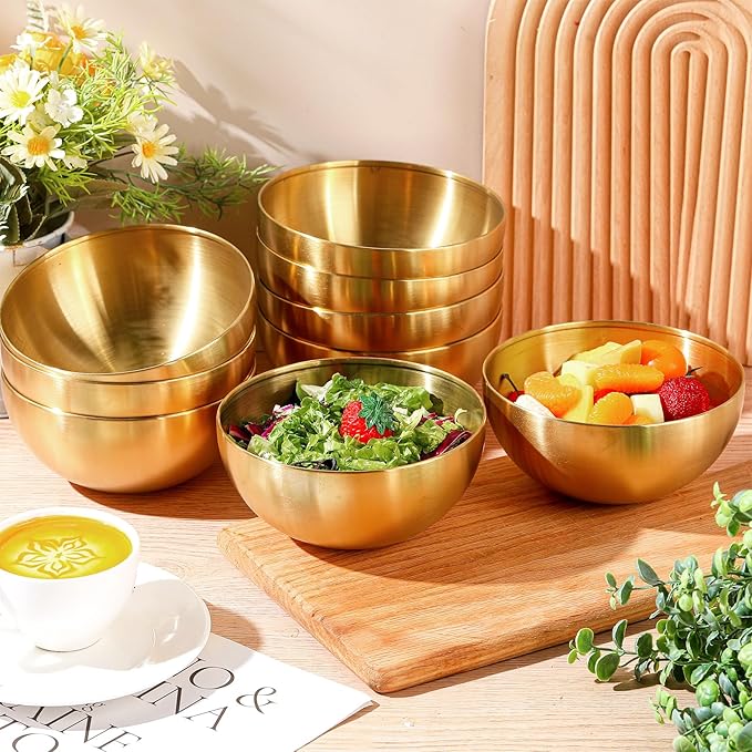 Nuogo 10 Pcs Stainless Steel Mixing Bowls Decorative Esthetician Bowls for Wedding Party Baking Prepping Serving Facial Food Salad Fruit Snack Soup Cereal(5.9 Inch,Gold)