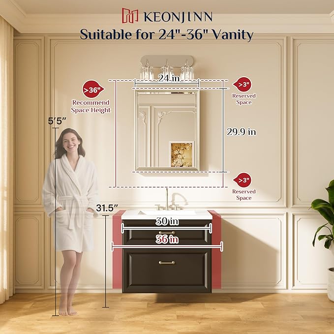 Keonjinn Brushed Gold Bathroom Mirror 24" x 30", Beveled Edge Tempered Glass
