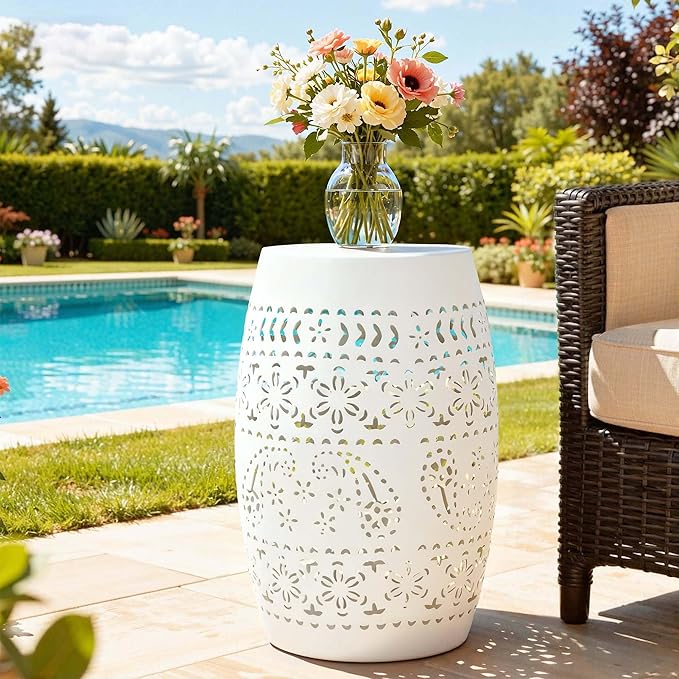 Large Outdoor Side Table, 18"H Modern Lace Cut-Out Metal End Table, Hollow Drum Coffee Table Planter Stand with No Assembly & Weather-Resistant,Decorative Garden Stool for Patio, Garden, Indoor