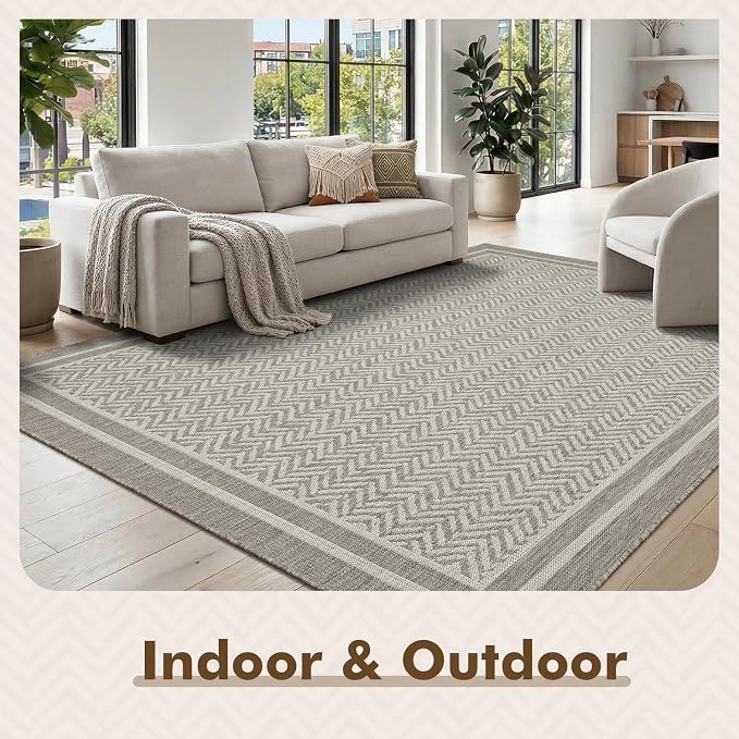 MontVoo-3x5 Outdoor Rug Porch Entryway Rug-Polypropylene Indoor Outdoor Rugs for Entryway Kitchen Balcony Patio, Textured Weave, Durable, Fade-Resistant, Non-Shedding, Boho Geometric Neutral Grey