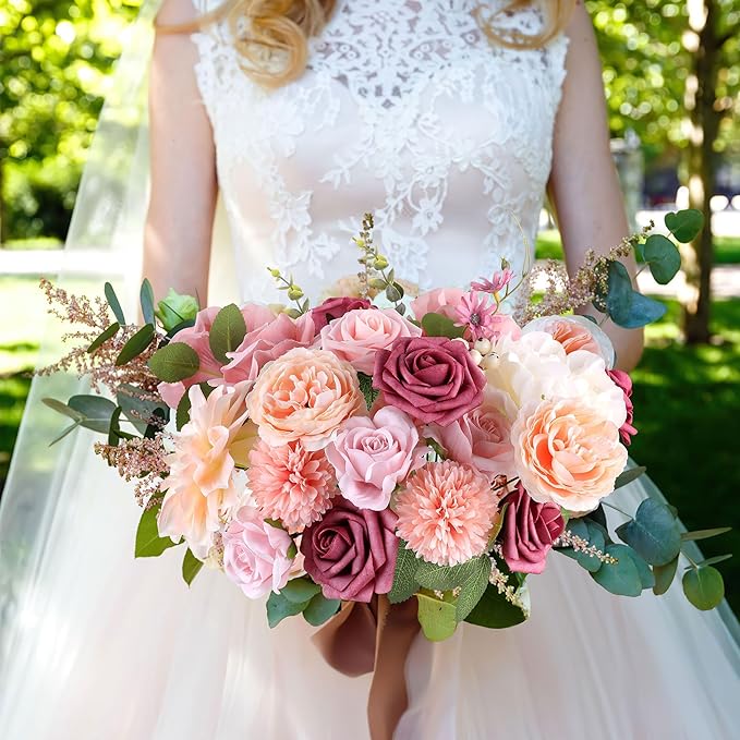 AGIRL Rose Artificial Flowers Combo Fake Flowers Pink Roses Silk Flowers with Stems for DIY Bridal Wedding Bouquets Centerpieces Arrangements Table Party Baby Shower Home Decor (Champagne Pink)