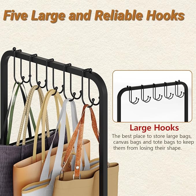 Floor-Standing Purse Organizer for Closet with 5 Hangers & 6 Side Hooks, Tall Purse Rack Stand for Purse Storage, High-Capacity Handbag Organizer, Multi-Purpose Purse Storage Organizer for Small Place