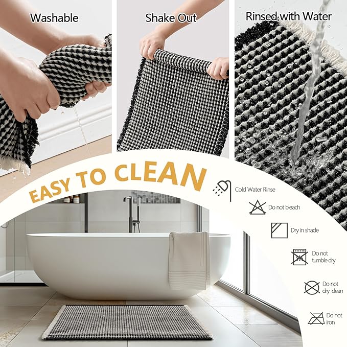 MIULEE Set of 2 Waffle Bathroom Rugs, Boho Bath Rugs Non Slip Washable, Super Absorbent Bath Mats, Ultra Soft Rubber Backed Shower Mats for Bathroom Floor, Tub and Shower, Black & Cream, 17x24 Inch