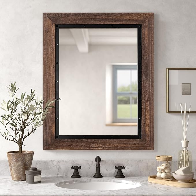 YOSHOOT Rustic Wooden Framed Wall Mirror, Natural Wood and Iron Bathroom Vanity
