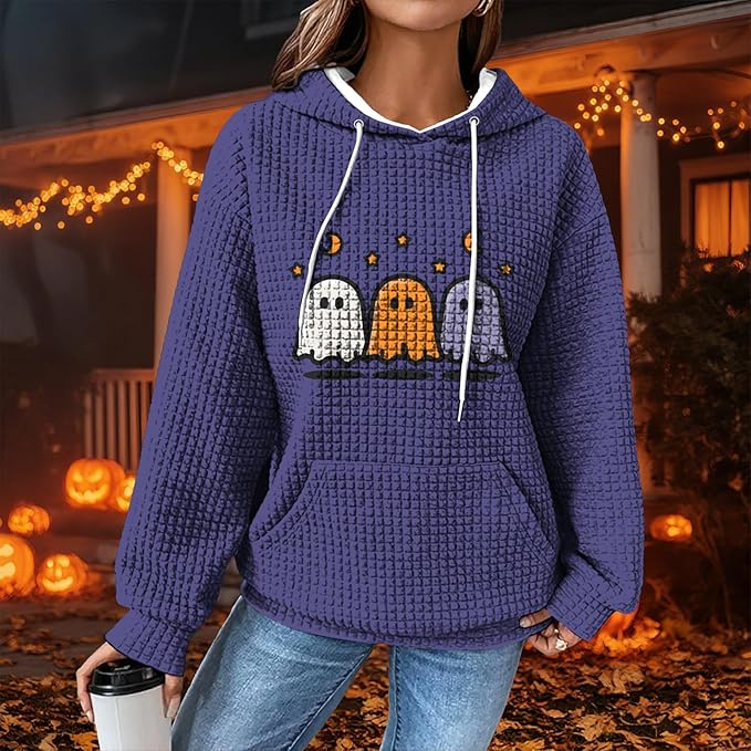 Halloween Sweatshirts for Women Novelty Graphic Drawstring Waffle Hoodies Loose Casual Pullover Tops with Pocket