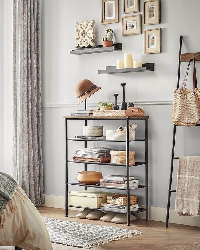 VASAGLE Shoe Rack, 5-Tier Shoe Storage Organizer for Entryway and Closet, Holds 12-16 Pairs of Shoes, 4 Fabric Shelves, Steel Frame, Industrial, Rustic Brown and Black ULBS036B01