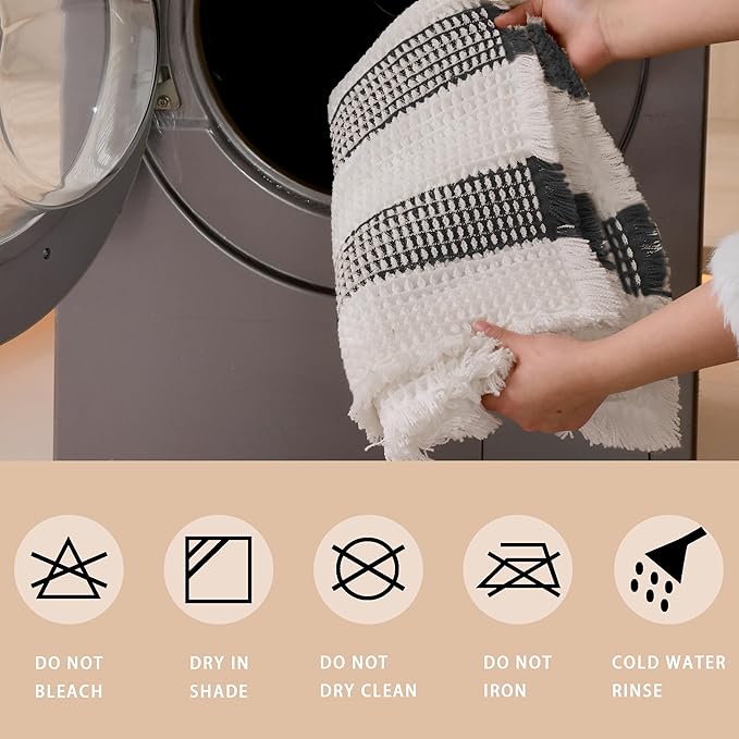 Waffle Bath Mat Non Slip, Boho Bathroom Rug, Super Absorbent Quick Dry Bathroom Mat, Soft Farmhouse Bath Rug with Tassels, Small Washable Shower Mats for Floor 16"x24", White and Black