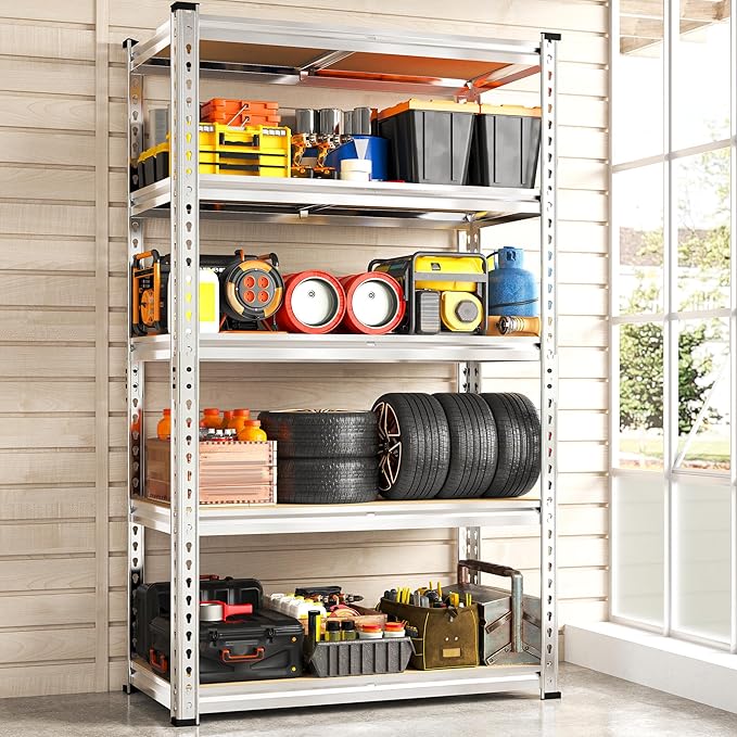 REIBII Storage Shelves 2020LBS Garage Shelving Heavy Duty 5 Tier Metal Shelving Adjustable Pantry Shelves for Kitchen Warehouse Basement 28" W x 12" D x 59.8" H, Silver