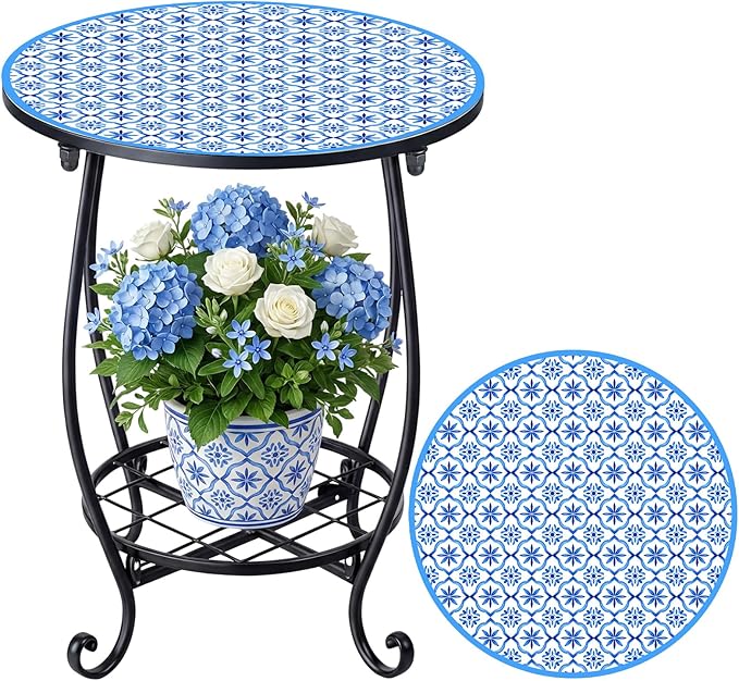 Cinnvoice Outdoor Side Table Round Small Mosaic Patio Accent Indoor End Plant Coffee Tea Table for Yard Patio Porch Garden Living Room, Bedroom(Blue Tile Style,14 Inch)