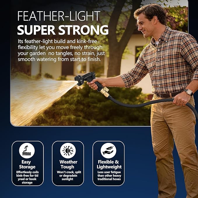 Flexible Garden Hose 100 FT, Ultra Lightweight Water Hoses 100FT w/10 Function Sprayer and 3/4" Brass Fittings, Kink-Free, Sturdy, Abrasion Resistant for Yard, Lawn, Outdoor and Gardening(Black)