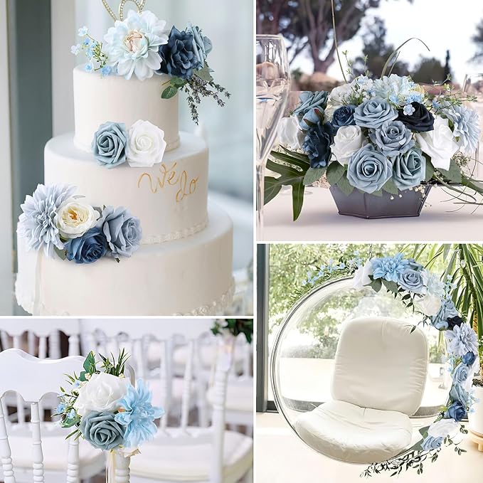 AGIRL Artificial Flowers Combo Silk Mix Blue Fake Flower with Stems for DIY Wedding Bouquets Centerpieces Arrangements Table Chair Decor Baby Shower Home Decor (Light Blue)