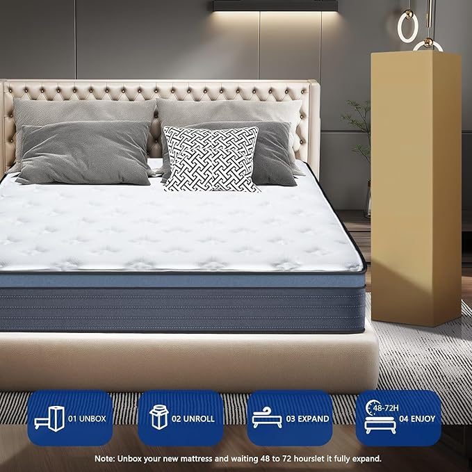 Queen Size Mattress in a Box 14 Inch Hybrid Mattress [Enhanced Stability], Medium Firm Construction with Memory Foam and Pocket Coils, Reinforced Edge Support