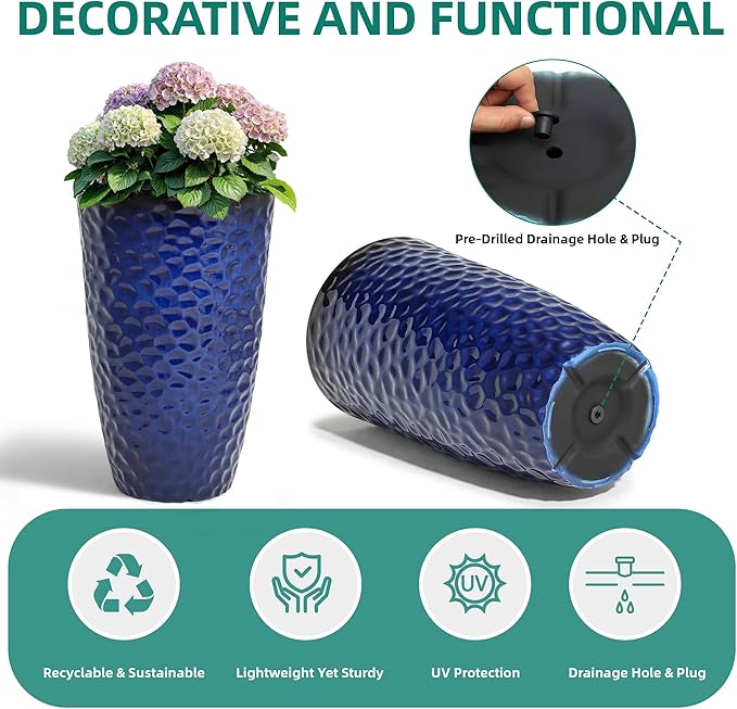 23.75" H Large Tall Outdoor Planters, Set of 2 Plastic Large Flower Pots for Outdoor Plants, Gradient Cobalt Blue Honeycomb Textured, Weather-Resistant for Porch, Garden, Patio or Indoor Use