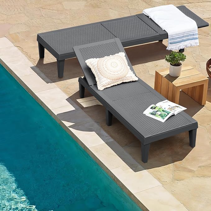 Homall Outdoor Lounge Chairs Set of 2, Quick Assembly & Waterproof Patio Chaise Lounge with Adjustable Backrest for Poolside, Beach, Garden (Grey)