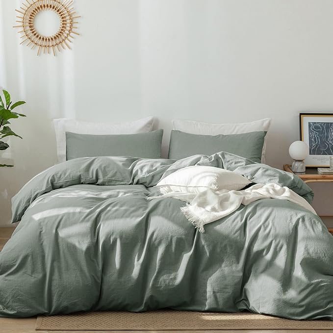 MooMee Bedding Duvet Cover Set 100% Washed Cotton Linen Like Textured Breathable Durable Soft Comfy (Heathered Green, Cal King 104"x98")